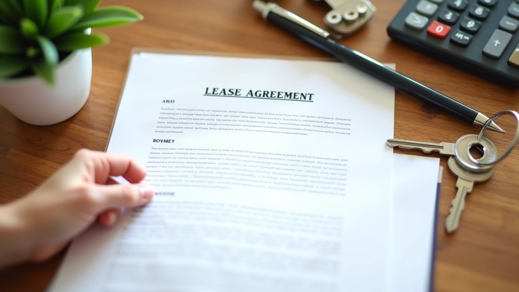 Close-up of residential lease agreement and pen on desk with calculator and property keys