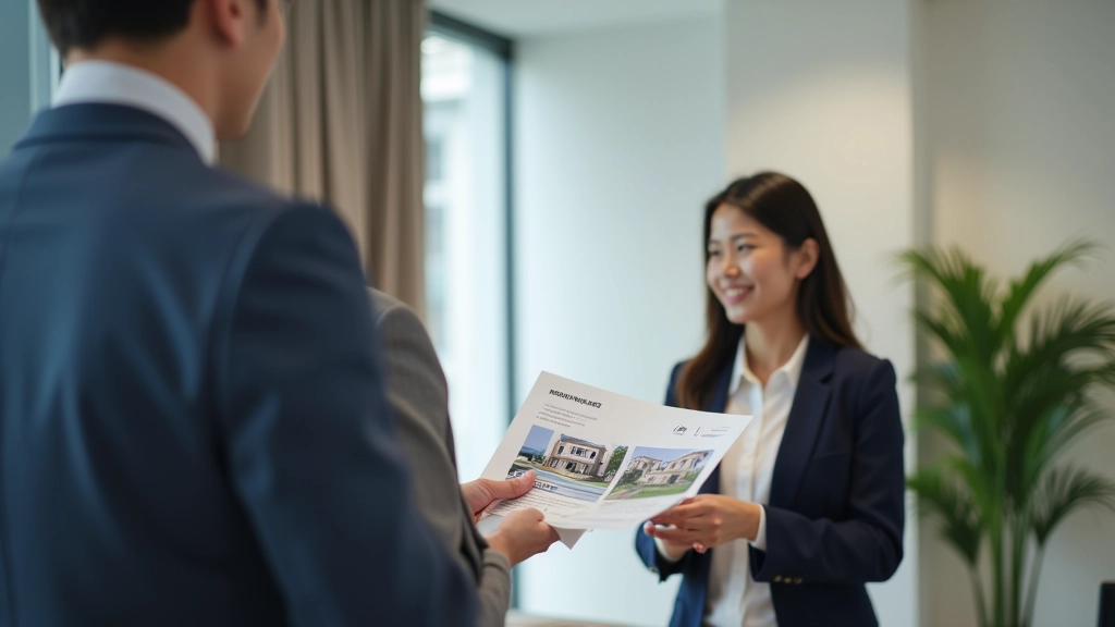 Real estate agent showing apartment listing document to young professional couple in bright office
