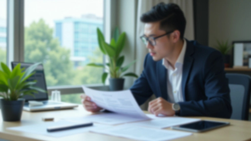 Real estate professional reviewing rental market data and property listings in modern office environment